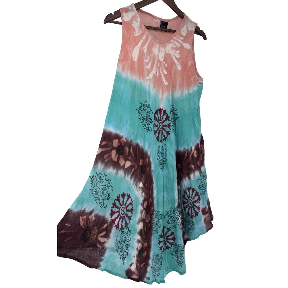 Blue Brown Tie-Dye Sleeveless Tunic Cover up dress vacation resort beach boho
